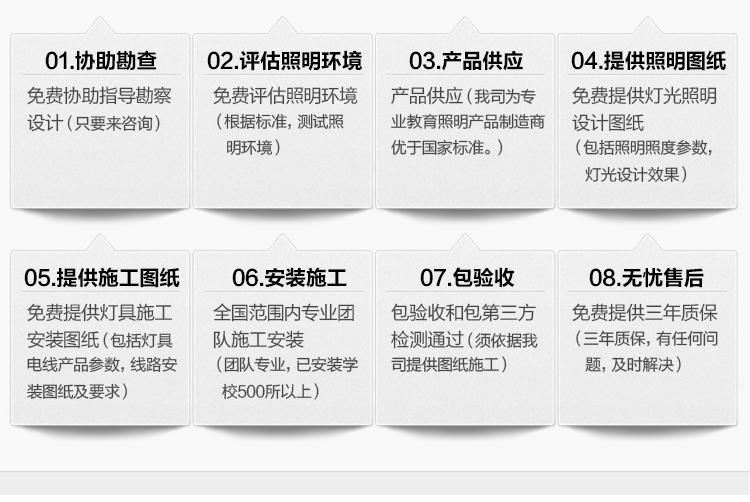 我司提供一站式教育照明解決方案：1、免費(fèi)協(xié)助指導(dǎo)勘察設(shè)計(jì)（只要來(lái)咨詢）2、免費(fèi)評(píng)估照明環(huán)境（根據(jù)標(biāo)準(zhǔn)，測(cè)試照明環(huán)境）3、產(chǎn)品供應(yīng)（我司為專業(yè)教育照明產(chǎn)品制造商，優(yōu)于國(guó)家標(biāo)準(zhǔn)。）4、免費(fèi)提供燈光照明設(shè)計(jì)圖紙（包括照明照度參數(shù)，燈光設(shè)計(jì)效果）5、免費(fèi)提供燈具施工安裝圖紙（包括燈具/電線產(chǎn)品參數(shù)，線路安裝圖紙及要求）6、全國(guó)范圍內(nèi)專業(yè)團(tuán)隊(duì)施工安裝（團(tuán)隊(duì)專業(yè)，已安裝學(xué)校500所以上）7、包驗(yàn)收和包第三方檢測(cè)通過(guò)（須依據(jù)我司提供圖紙施工）8、免費(fèi)提供三年質(zhì)保（三年質(zhì)保，有任何問(wèn)題，及時(shí)解決）